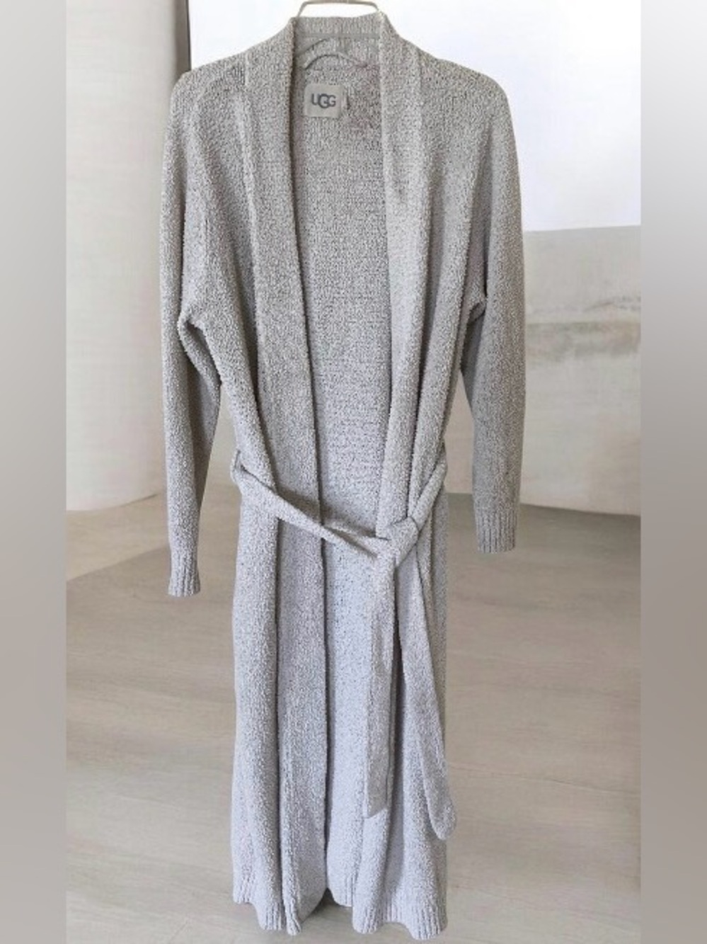 UGG Lenny Sweater robe Light Gray Plush Long size L pockets, belt